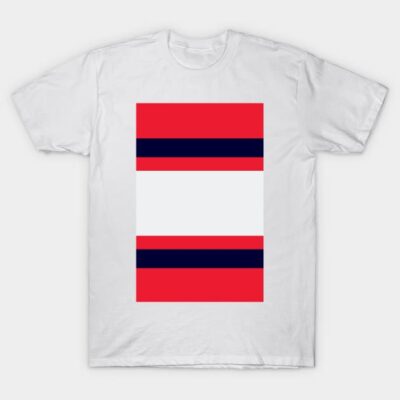 White t-shirt with bold red and navy stripes, modern graphic design, ideal for casual wear, 100% cotton fabric.