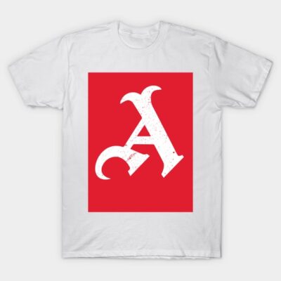 White T-shirt with bold red square and stylized white letter "A" graphic, casual wear, cotton material.