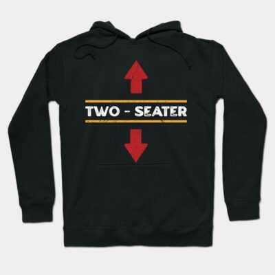Black hoodie with "Two-Seater" design, featuring red arrows and yellow stripes. Casual style, soft cotton material.