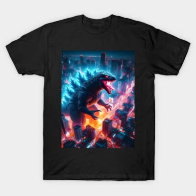 Black T-shirt featuring vibrant cityscape and monster design, perfect for casual wear, made from soft cotton.