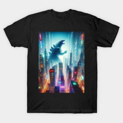 Black t-shirt featuring a vibrant cityscape with a giant creature silhouette, cotton material, casual wear.