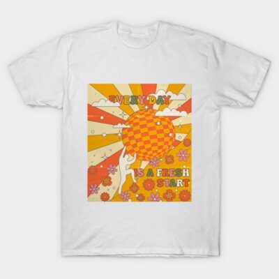 White T-shirt with retro design, featuring colorful sun and floral pattern, text "Every Day is a Fresh Start".