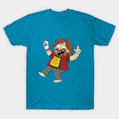 Blue t-shirt with cartoon character graphic, featuring a happy expression and skull puppet. Casual wear, cotton material.
