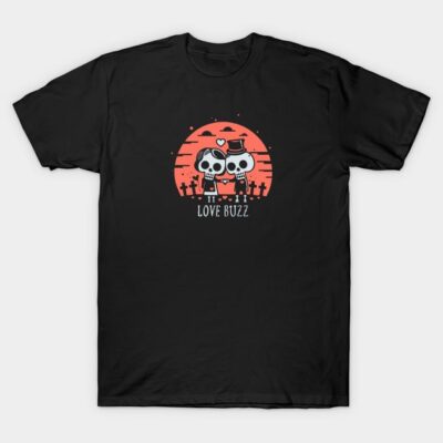 Black t-shirt with cute skeleton couple graphic and "Love Buzz" text, perfect for Halloween or casual wear.