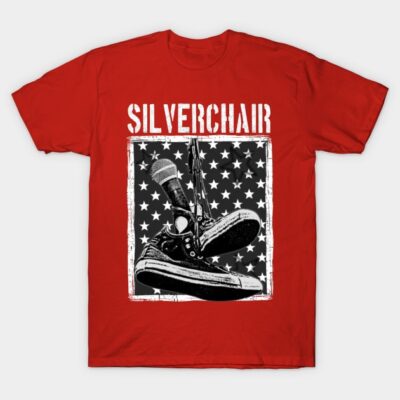 Red graphic t-shirt featuring microphone and sneakers design with star background, ideal for music lovers.