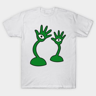 White t-shirt with abstract green hand-eye design, casual style, cotton fabric, unisex, perfect for everyday wear.