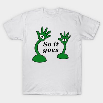White cotton T-shirt featuring green abstract design with text "So it goes," ideal for casual wear.
