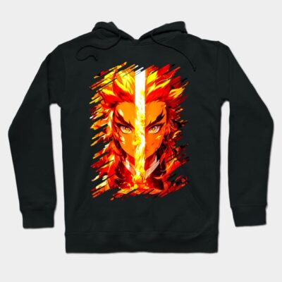 Black anime graphic hoodie featuring vibrant fiery design, casual wear, cotton blend material. Perfect for pop culture fans.