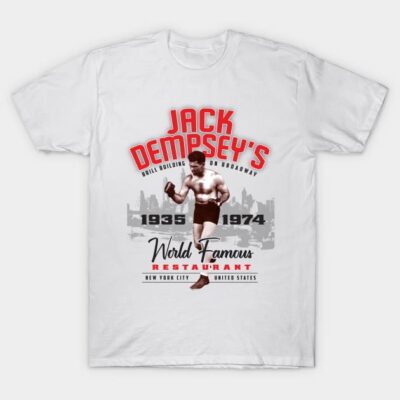 White graphic t-shirt with vintage boxing design, red and black text, casual style, cotton material, unisex fit.