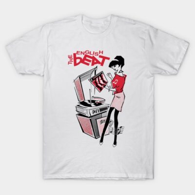 White graphic t-shirt featuring retro-style music design, perfect for casual wear and music lovers.