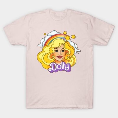 Pink graphic t-shirt with colorful cartoon design and "Dolly" text, casual wear, cotton material.