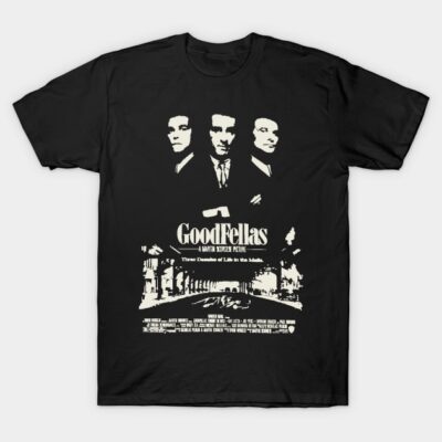 Black Goodfellas graphic T-shirt, featuring classic movie poster design, casual wear, cotton material, unisex style.