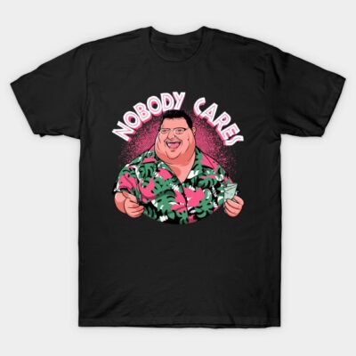 "Black T-shirt with colorful tropical print and 'Nobody Cares' text, casual wear, cotton material, graphic design."