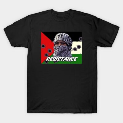 Black t-shirt with bold graphic design featuring text "Resistance" and colorful flag elements, made of 100% cotton.