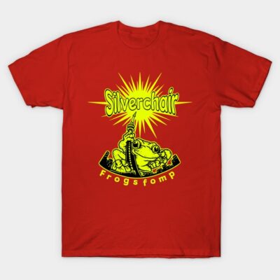 Red graphic t-shirt with vibrant yellow frog design, Silverchair motif, casual wear, 100% cotton.