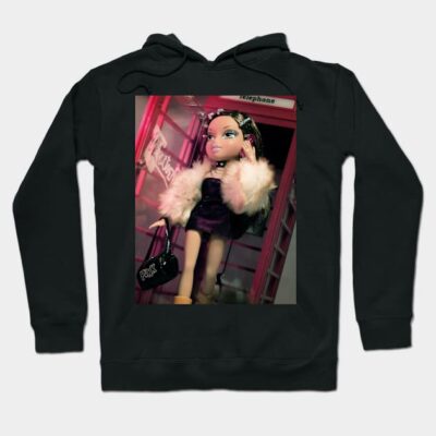 Black hoodie with doll print, featuring pink and white tones, perfect for casual wear, cotton blend material.