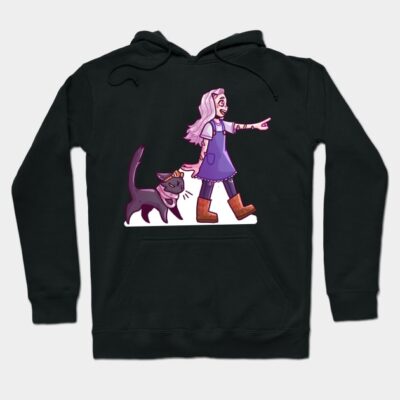 Black hoodie with playful cartoon design of a girl and a cat, featuring vibrant colors and casual style.