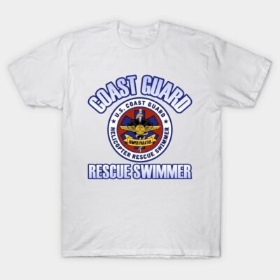 White Coast Guard Rescue Swimmer T-shirt, round logo design, cotton, casual wear for maritime enthusiasts.