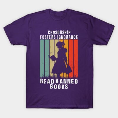 Purple graphic t-shirt with "Censorship Fosters Ignorance, Read Banned Books" text and colorful silhouette design.
