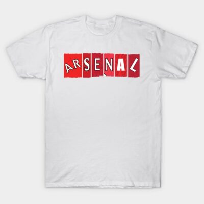 White cotton t-shirt with red Arsenal graphic, casual style, perfect for sports fans and everyday wear.