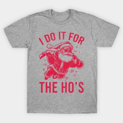 Gray t-shirt with festive red Santa print and humorous text, perfect for holiday celebrations and casual wear.