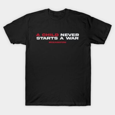 Black cotton T-shirt with bold white and red text, advocating peace; casual wear for social awareness.