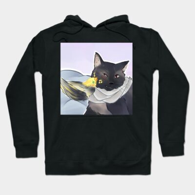 Black hoodie with cute cat and bird illustration, cozy style, casual wear, soft cotton fabric, unisex design.