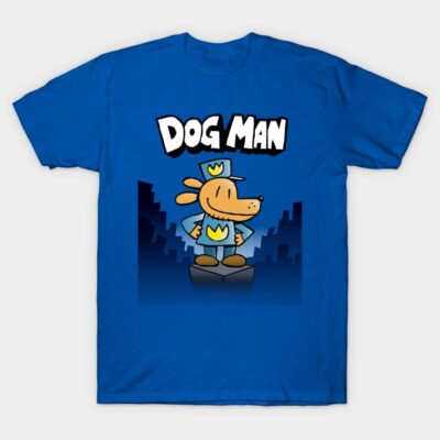 Blue "Dog Man" graphic t-shirt, casual style, cotton material, perfect for fans of comic-themed apparel.