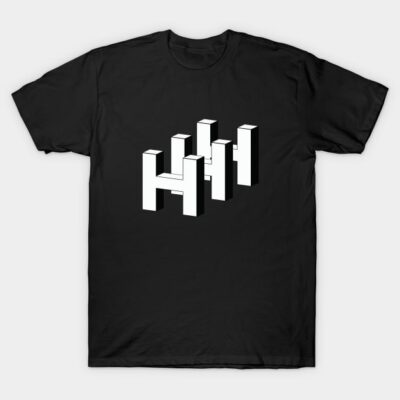 Black t-shirt with abstract white geometric design, casual style, 100% cotton, perfect for everyday wear.