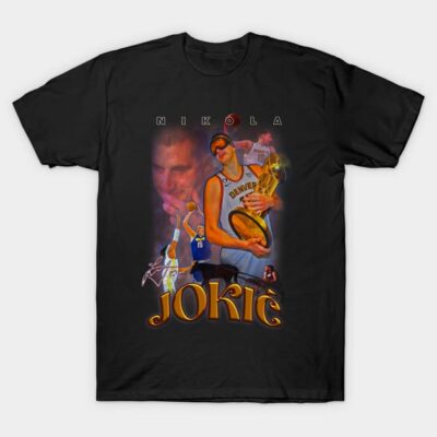 Black basketball-themed graphic t-shirt, featuring dynamic player collage and bold text, casual sportswear style.