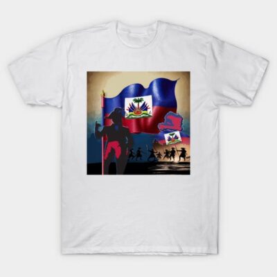 White T-shirt with Haitian flag design, featuring historical figures and vibrant colors, cotton, unisex casual wear.