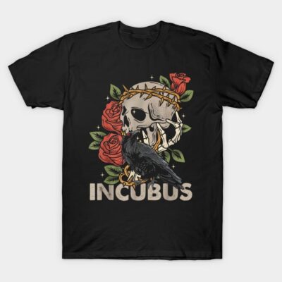 Black graphic t-shirt with skull, roses, and raven design, text "Incubus." Ideal for casual wear, cotton material.