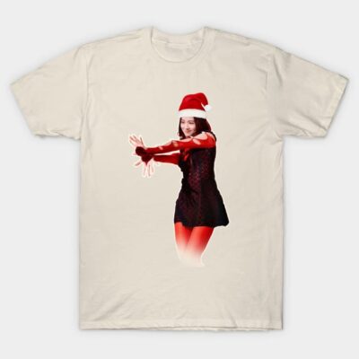 Beige t-shirt with festive design, featuring a person in a Santa hat, perfect for holiday celebrations.