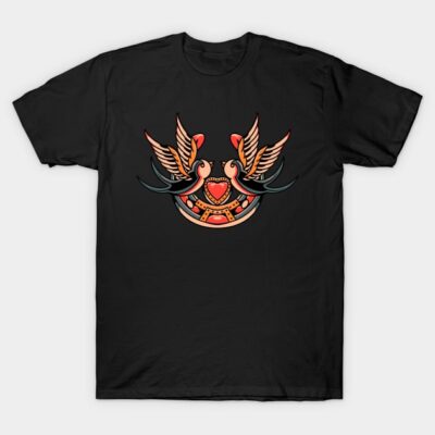 Black t-shirt with colorful winged heart design, casual style, cotton material, ideal for everyday wear.