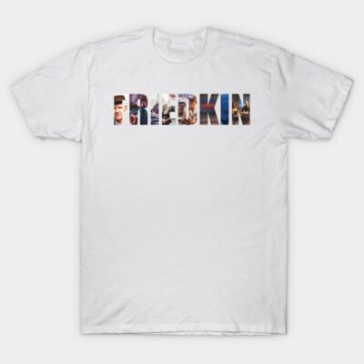 White cotton unisex t-shirt with "Friedkin" text design in colorful print, casual style, ideal for everyday wear.