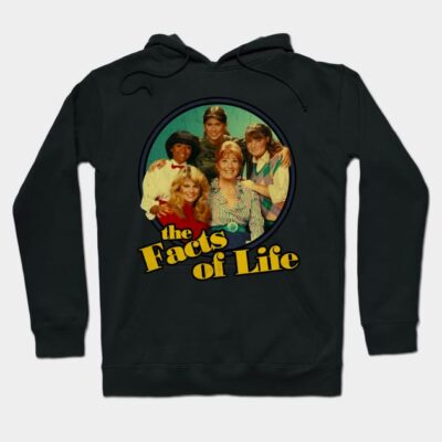 "Black hoodie featuring retro-style 'Facts of Life' graphic, ideal for casual wear, cotton blend for comfort."