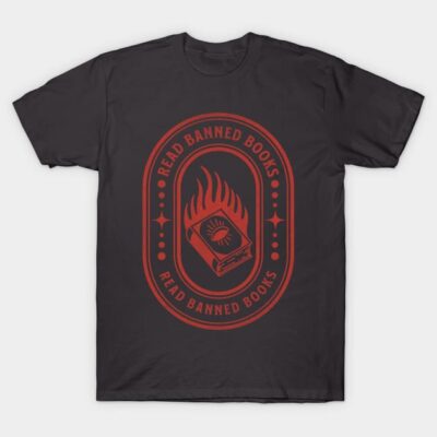 Black t-shirt with red "Read Banned Books" graphic, casual style, ideal for book lovers, 100% cotton material.