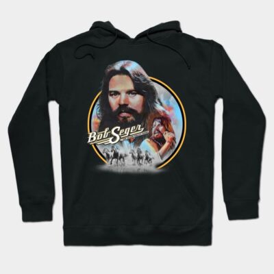 Black hoodie with vintage music graphic, featuring horses and text design. Cozy cotton blend, perfect for casual wear.
