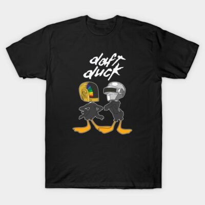 Black graphic t-shirt featuring playful duck design with helmets, perfect for casual wear. Cotton material.