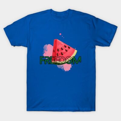 Blue T-shirt with watermelon graphic and "Freedom" text, casual cotton style, perfect for summer wear.