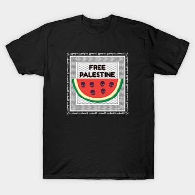 Black cotton T-shirt featuring a colorful watermelon graphic and text design, casual unisex style for everyday wear.