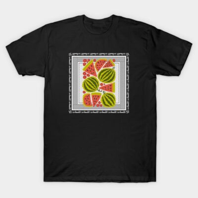 Black t-shirt with vibrant fruit print, featuring watermelons and berries, casual wear, cotton material.