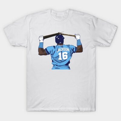 White cotton t-shirt with blue baseball player graphic, number 16, perfect for casual wear and sports fans.
