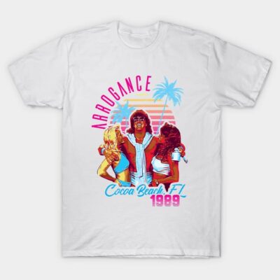 White retro graphic t-shirt featuring vibrant beach scene, ideal for casual wear, made of 100% cotton.
