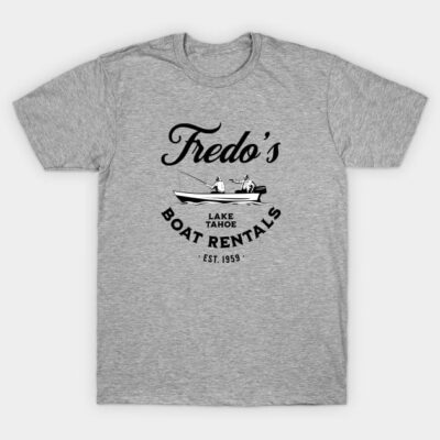 Gray t-shirt with "Fredo's Lake Tahoe Boat Rentals" graphic, casual style, cotton material, ideal for outdoor activities.