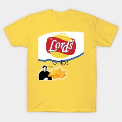 Yellow t-shirt with "The Lord's Chips" graphic, featuring chips and a humorous quote. Casual cotton wear.