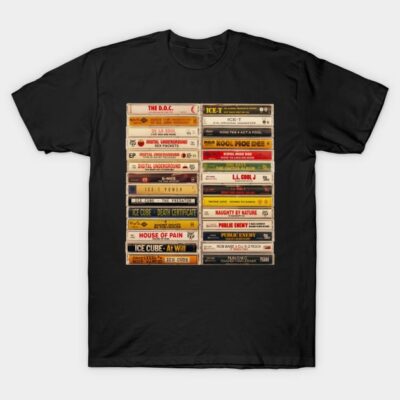 Black t-shirt with colorful vintage cassette tape design, cotton material, casual style, music-themed apparel.