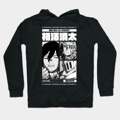 Black anime-themed hoodie with white graphic design, featuring bold text and character illustrations, perfect for casual wear.