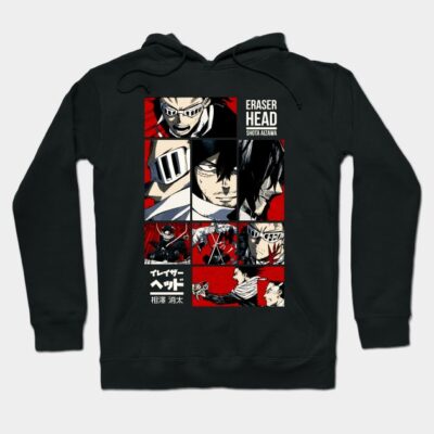 Black anime-themed hoodie featuring graphic panels, perfect for casual wear. Made of soft, comfortable material.
