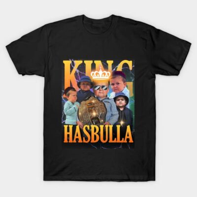 Black cotton T-shirt featuring colorful graphic design with text "King" and "Hasbulla" for casual wear.